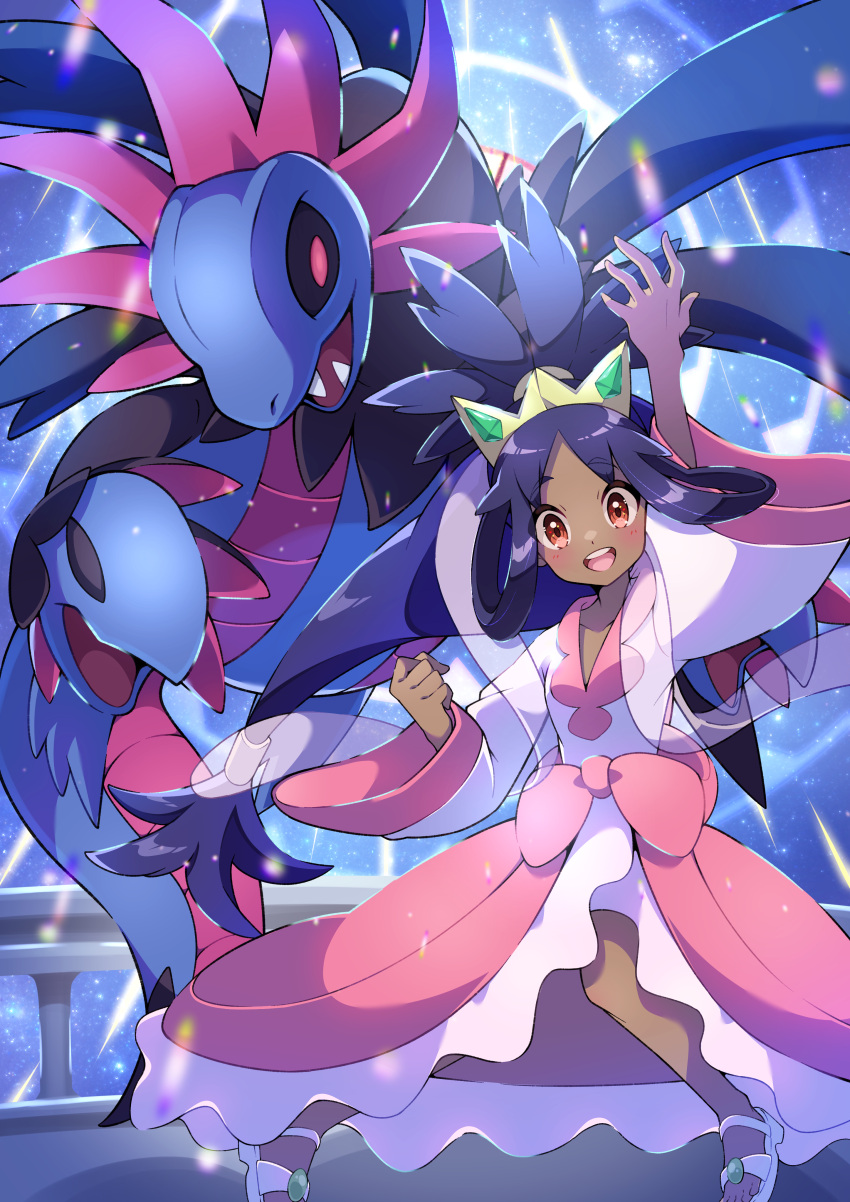 1girl :d absurdres arms_up bangs blush brown_eyes closed_eyes commentary_request dark-skinned_female dark_skin fence happy highres hydreigon iris_(pokemon) looking_at_viewer open_mouth pink_skirt pokemon pokemon_(creature) pokemon_(game) pokemon_bw2 pon_yui ponytail sandals shiny shiny_hair skirt smile teeth tiara toes tongue upper_teeth v-neck white_footwear white_skirt wide_sleeves