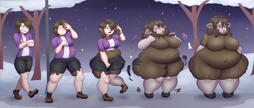 2022 absurd_res anthro big_breasts bottomwear bovid breast_growth breasts brown_body brown_fur brown_hair brown_wool caprine clothing female flybeeth footwear fur gender_transformation growth hair hi_res hooves human human_to_anthro male mammal mtf_transformation navel outside overweight overweight_female sheep shirt shoes short_hair shorts snow solo species_transformation standing topwear torn_clothing transformation weight_gain wool_(fur)