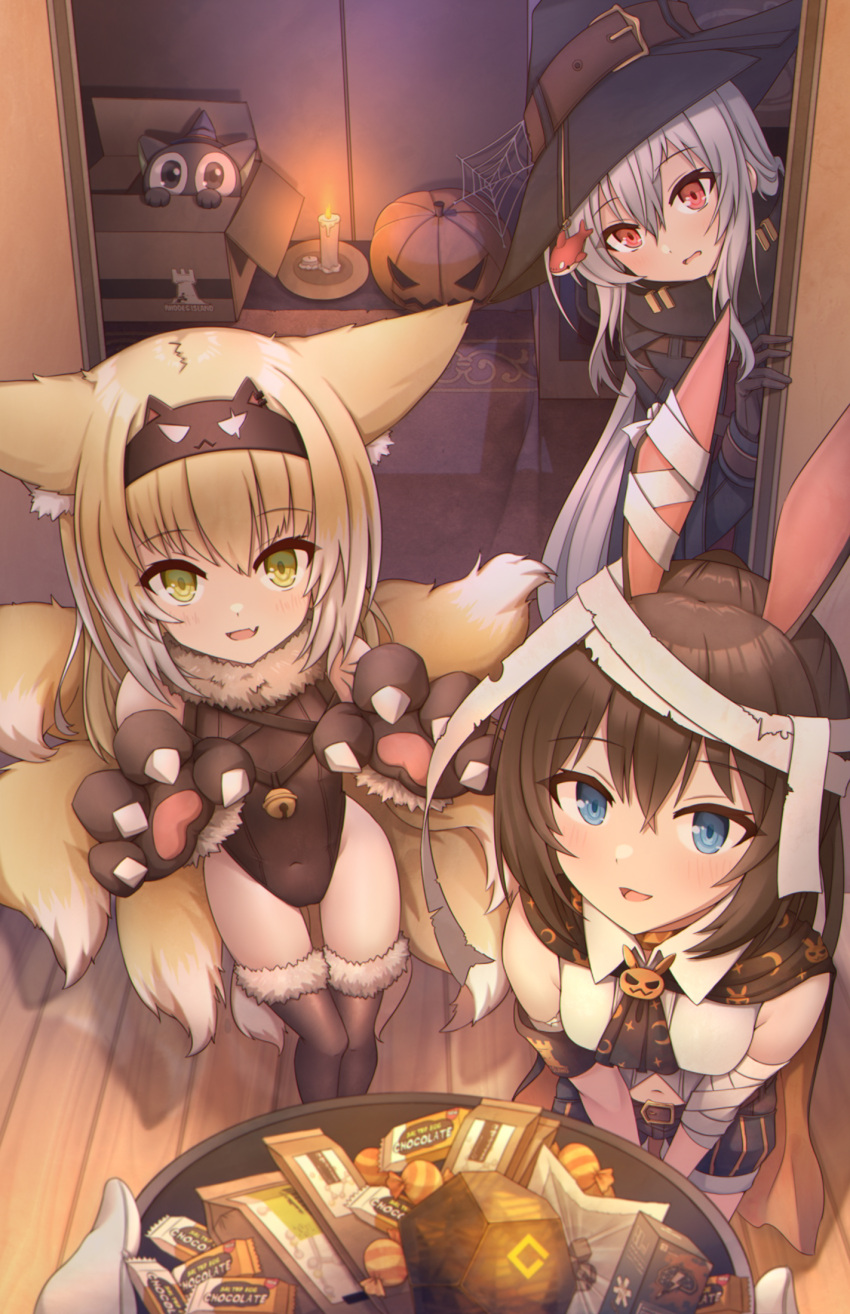 3girls alternate_costume amiya_(arknights) animal_ears animal_hands arknights bandages bare_shoulders belt black_hairband black_headwear black_leotard black_shorts black_thighhighs blonde_hair blue_eyes blush brown_belt brown_hair candle candy clothing_cutout covered_navel fang food fox_ears fox_girl fox_tail fur-trimmed_thighhighs gloves green_eyes grey_hair hair_between_eyes hairband halloween hat highres jack-o'-lantern kaiyi kitsune leaning_forward leotard looking_at_viewer luoxiaohei multiple_girls multiple_tails navel navel_cutout originium_(arknights) paw_gloves pov pumpkin rabbit_ears rabbit_girl red_eyes shirt shorts silk skadi_(arknights) skin_fang spider_web standing striped striped_shorts suzuran_(arknights) tail the_legend_of_luo_xiaohei thighhighs vertical-striped_shorts vertical_stripes white_shirt witch_hat