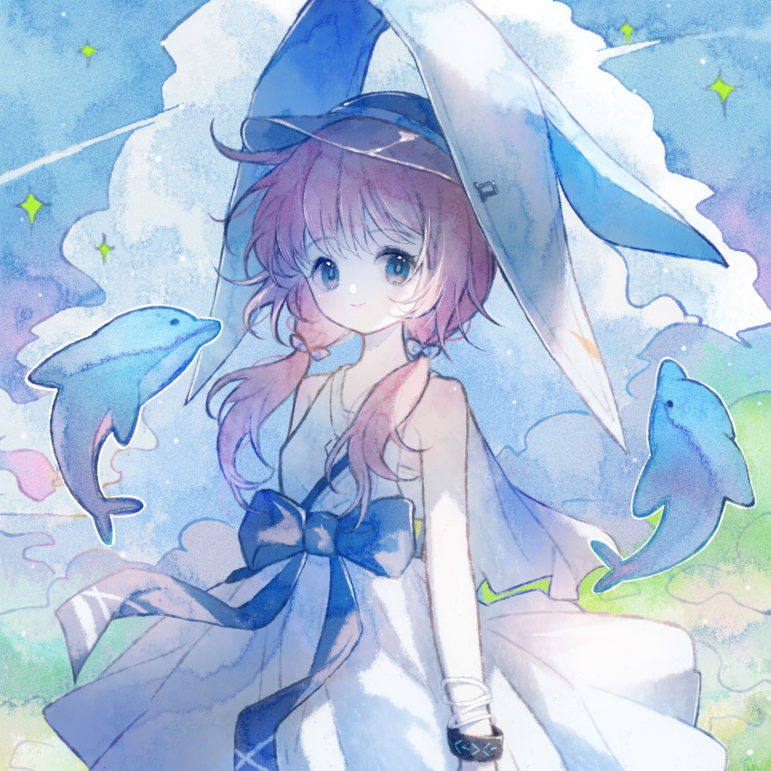 1girl arknights bare_shoulders black_bracelet blue_bow blue_eyes blue_sky bow cloud cloudy_sky dolphin dress headgear highres infection_monitor_(arknights) long_hair looking_at_viewer outdoors pink_hair purestream_(arknights) shanzhamei23687 sky sleeveless sleeveless_dress smile solo star_(symbol) twintails visor_cap white_dress