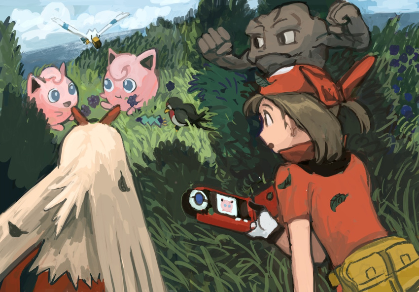 :o berry_(pokemon) blaziken brown_hair cloud fanny_pack geodude gloves hairband jigglypuff leaf may_(pokemon) medium_hair minahamu nature ocean orange_hairband orange_shirt pokedex pokemon pokemon_(game) pokemon_rse shirt sky taillow wingull