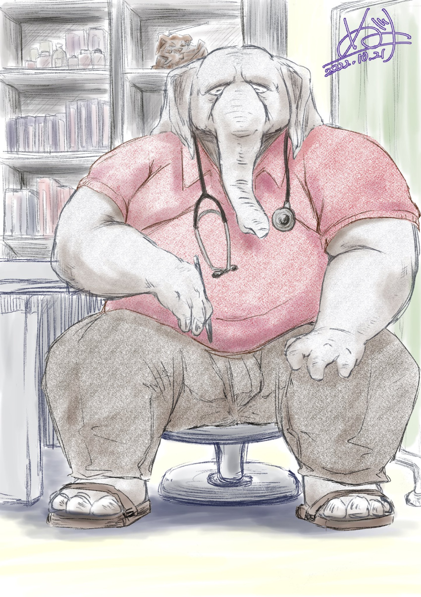 2022 anthro belly big_belly bottomwear clothing detailed_background doctor elephant elephantid god_wanko grey_body hi_res humanoid_hands kemono male mammal medical_instrument overweight overweight_male pants proboscidean scientific_instrument shirt sitting solo topwear