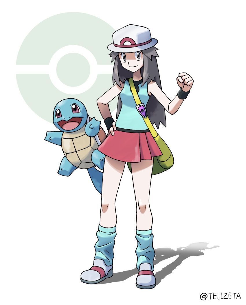 1girl absurdres bag black_wristband blue_shirt blue_socks brown_eyes brown_hair bucket_hat clenched_hand hair_flaps hand_on_hip hat highres leaf_(pokemon) long_hair loose_socks messenger_bag pleated_skirt pokemon pokemon_(creature) pokemon_(game) pokemon_frlg raised_fist red_skirt shirt shoes shoulder_bag skirt sleeveless sleeveless_shirt socks solo squirtle standing teru_zeta twitter_username vs_seeker white_background white_footwear white_headwear wristband yellow_bag