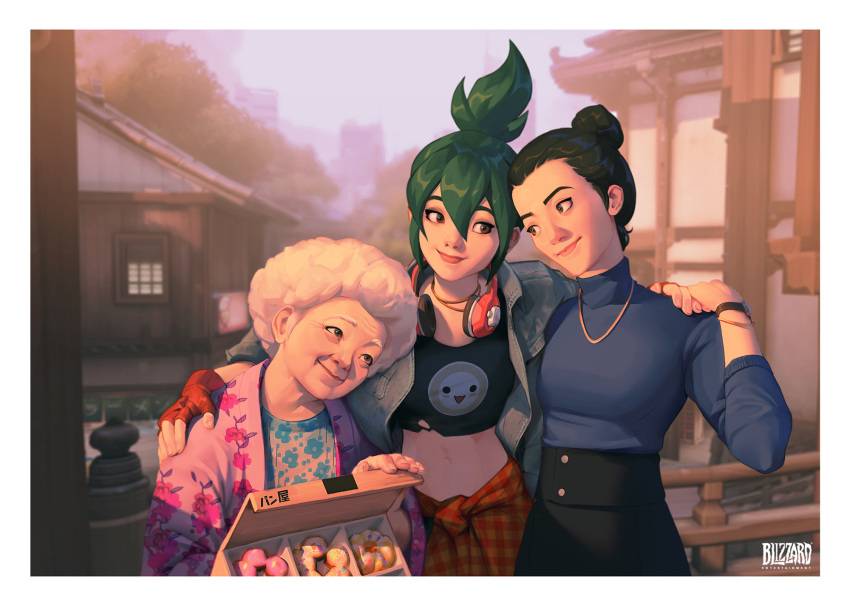 3girls architecture black_dress black_hair black_shirt blue_sweater border brown_eyes building character_print checkered_clothes checkered_shirt clothes_around_waist commentary company_name cropped_shirt doughnut_hair_bun dress east_asian_architecture english_commentary family grandmother_and_granddaughter green_hair hair_bun hand_on_another's_face headphones headphones_around_neck highres holding_hands jewelry kiriko's_grandmother_(overwatch) kiriko_(overwatch) lips long_sleeves looking_at_another medium_hair mother_and_daughter multiple_girls navel necklace official_art old old_woman orange_shirt outdoors overwatch overwatch_2 pachimari pastry_box pink_lips railing red_shirt shirt shirt_around_waist single_hair_bun smile standing sweater topknot turtleneck turtleneck_sweater upper_body watch white_border white_hair will_murai wristwatch yamagami_asa