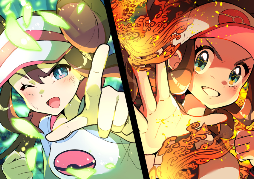 2girls ;d absurdres bangs baseball_cap blush brown_hair clenched_hand clenched_teeth commentary double_bun eyelashes hair_bun hat highres hilda_(pokemon) looking_at_viewer multiple_girls one_eye_closed open_mouth pointing pokemon pokemon_(game) pokemon_bw pokemon_bw2 pon_yui raglan_sleeves rosa_(pokemon) shirt sidelocks smile split_screen teeth tongue v-shaped_eyebrows vest visor_cap wristband