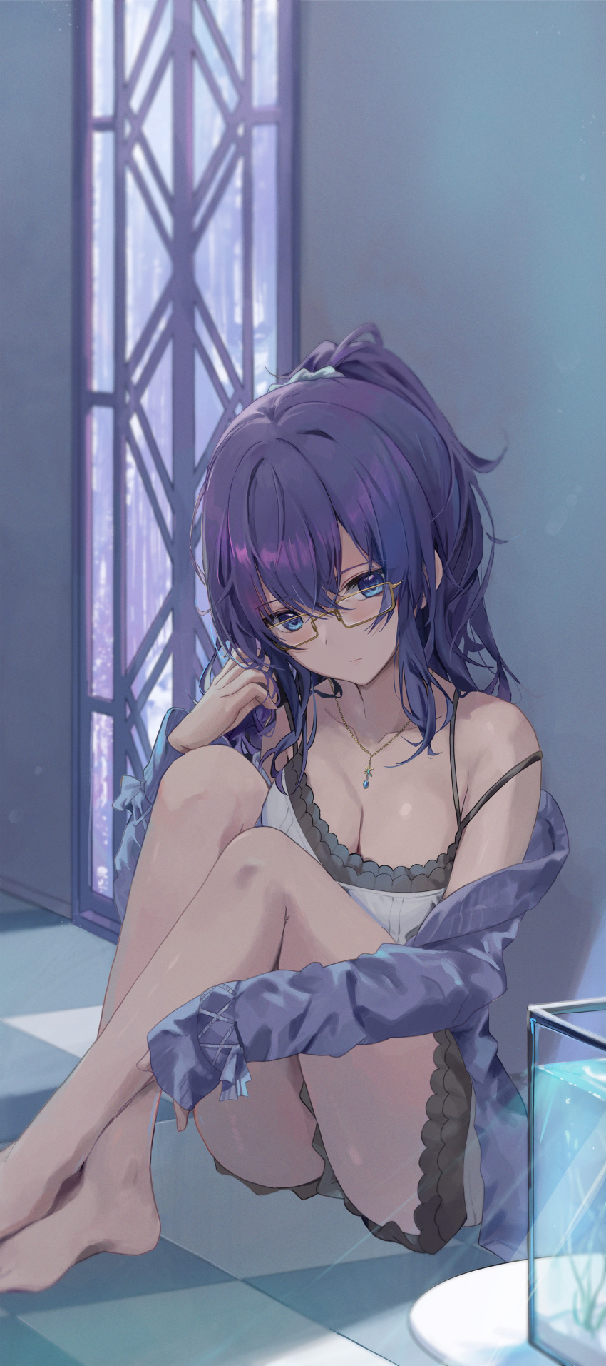 1girl absurdres asahina_mafuyu blue_eyes blush breasts cleavage cropped_shirt crossed_legs glasses high_ponytail highres jewelry large_breasts long_sleeves looking_at_viewer medium_hair necklace off_shoulder project_sekai purple_hair shirt short_shorts shorts sitting solo sweater tomura2maru