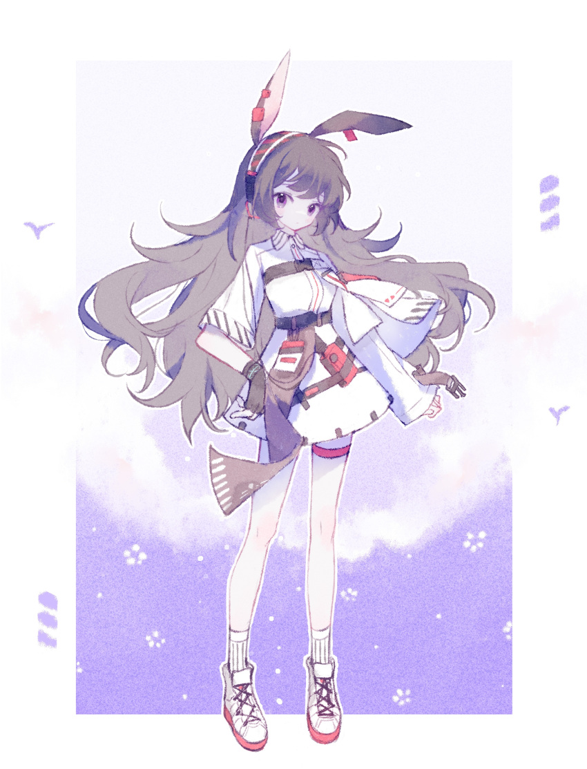 1girl absurdres animal_ears april_(arknights) arknights black_gloves boots brown_hair earclip fingerless_gloves full_body gloves headphones highres implied_extra_ears jacket long_hair long_sleeves looking_at_viewer purple_eyes rabbit_ears rabbit_girl shanzhamei23687 socks solo standing thigh_strap very_long_hair white_footwear white_jacket white_socks