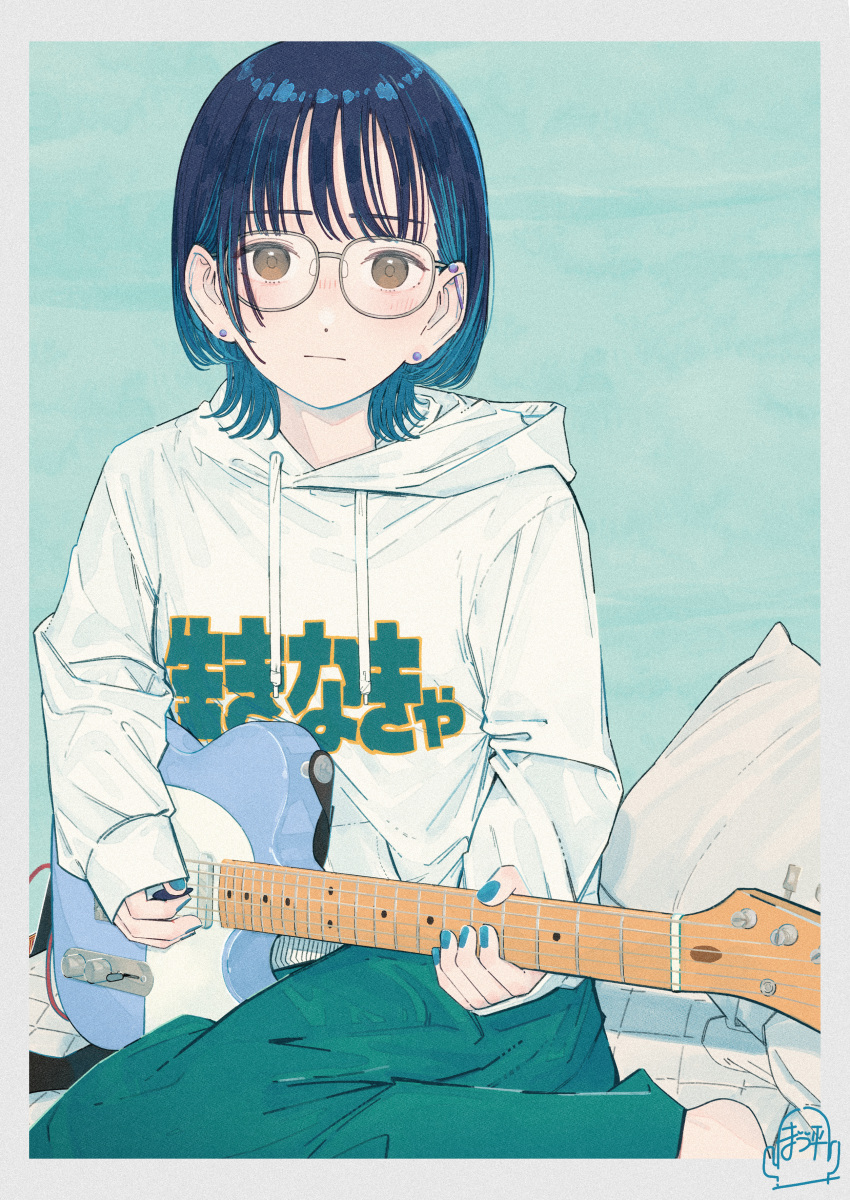 1girl absurdres artist_logo bangs blue_hair blue_nails blush border brown_eyes clothes_writing drawstring earrings electric_guitar expressionless fender_telecaster fingernails glasses green_skirt guitar highres holding holding_instrument hood hoodie industrial_piercing instrument jewelry long_sleeves looking_at_viewer medium_hair nail_polish original paayan_(hagakinorock54) pillow plectrum sitting skirt sleeves_past_wrists solo stud_earrings white_border white_hoodie