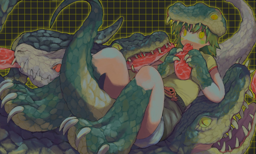 1other animal animal_feet animal_hands animal_hat belt belt_buckle between_legs black_background black_belt blush brown_shorts buckle claws crocodile_cap crocodilian crocodilian_tail eating fang food full_body green_eyes green_hair green_scales grid_background hands_up hat highres holding holding_food kagaya_(oshiriudon) looking_at_viewer lying_on_animal medium_hair original raw_meat red_pupils shirt short_sleeves shorts slit_pupils solo tail tail_between_legs yellow_shirt