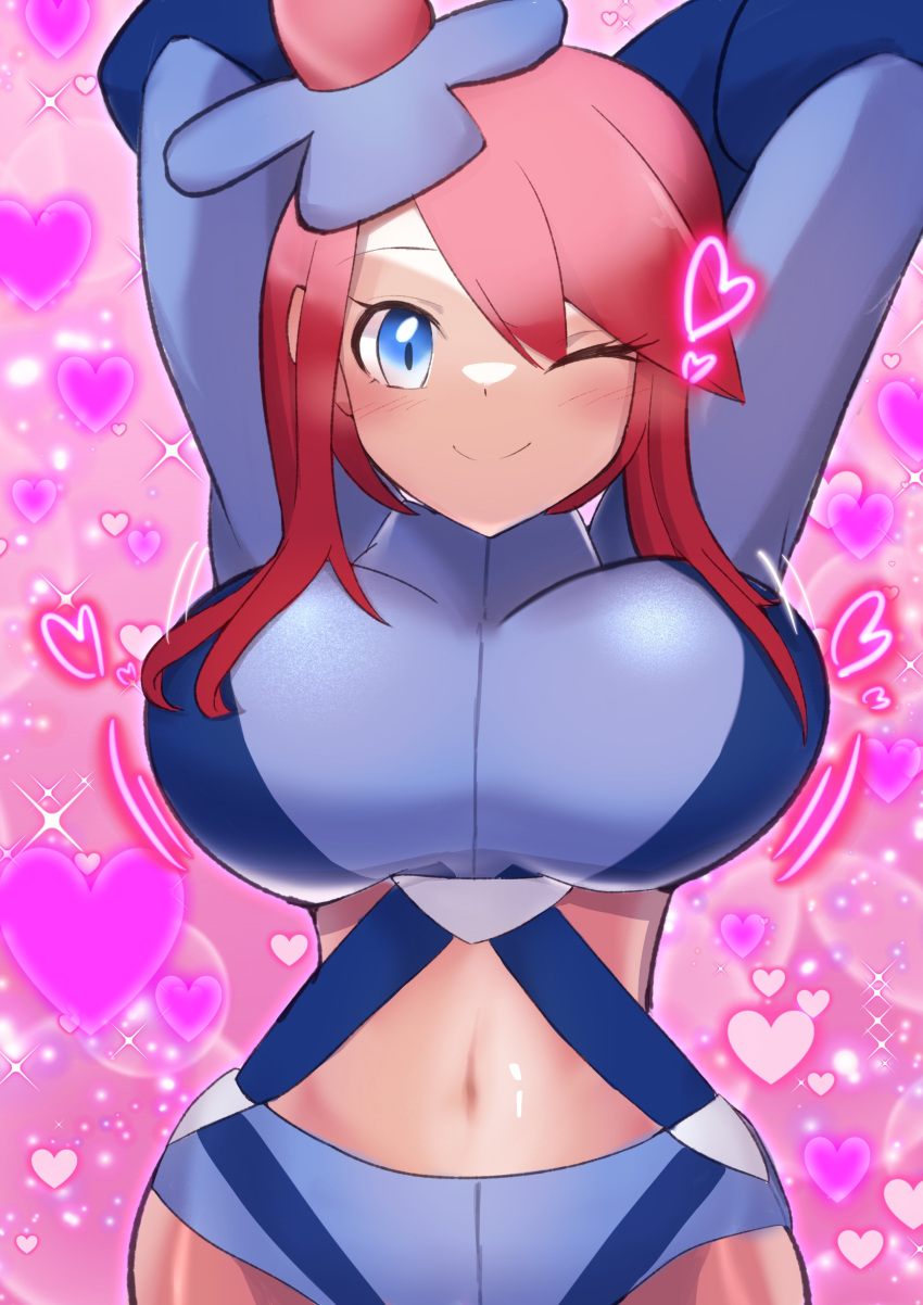 1girl absurdres bangs blue_eyes breasts come_hither commentary_request dark-skinned_female dark_skin highres large_breasts long_sleeves midriff navel one_eye_closed pokemon pokemon_(game) pokemon_bw red_hair short_ponytail short_shorts shorts sidelocks skyla_(pokemon) solo stretching swept_bangs torikku_(ymyj5448)