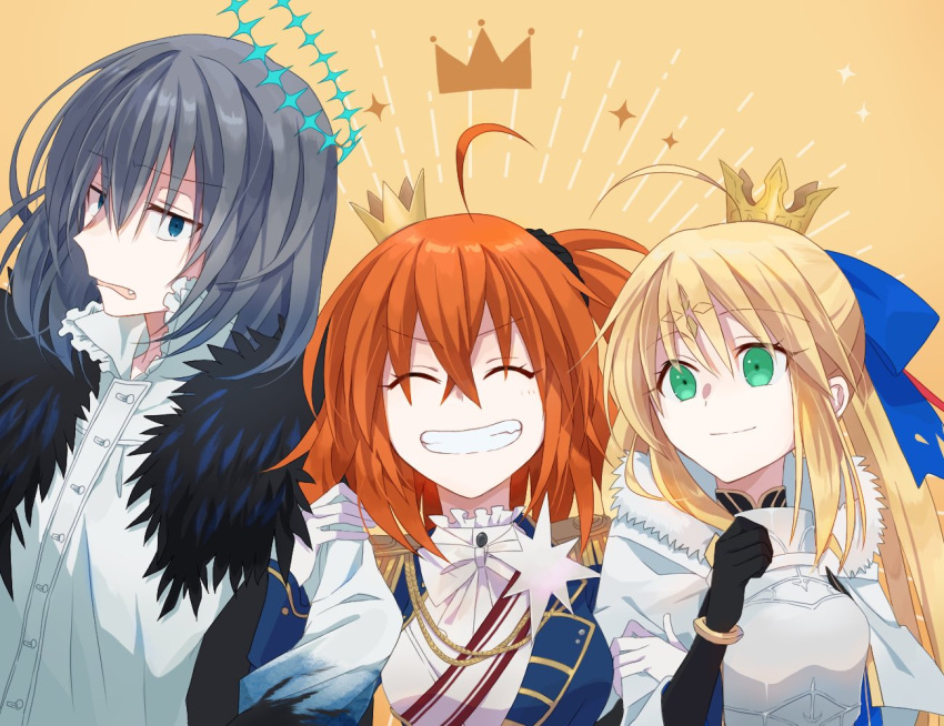 1boy 2girls ahoge armor artoria_caster_(fate) artoria_caster_(third_ascension)_(fate) artoria_pendragon_(fate) black_fur black_gloves blonde_hair blue_bow blue_eyes blue_jacket bow bracelet breasts buttons closed_eyes closed_mouth collar collared_shirt crown elbow_gloves fate/grand_order fate_(series) fujimaru_ritsuka_(female) fujimaru_ritsuka_(female)_(halloween_royalty) fur fur_trim gloves green_eyes grey_hair hair_bow jacket jewelry kokiya long_hair long_sleeves multicolored_ribbon multiple_girls oberon_(fate) open_mouth orange_hair ornament rhombus ribbon shirt short_hair small_breasts smile white_bow white_gloves white_shirt yellow_background