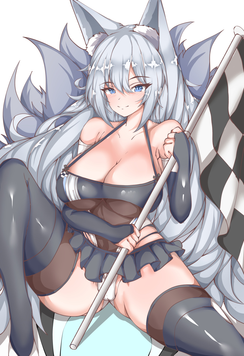 1girl absurdres animal_ears azur_lane bare_shoulders black_skirt black_thighhighs blue_eyes breasts bridal_gauntlets checkered_flag cleavage closed_mouth collarbone commentary_request constricted_pupils dot_nose eiico flag fox_ears fox_girl frilled_skirt frills grey_hair hair_between_eyes highres holding holding_flag huge_breasts knee_up leotard long_hair microskirt official_alternate_costume race_queen shadow shinano_(azur_lane) shinano_(moonlit_chrome)_(azur_lane) shiny shiny_hair simple_background sitting skirt smile solo split_mouth spread_legs tail thick_thighs thighhighs thighs very_long_hair white_background white_footwear