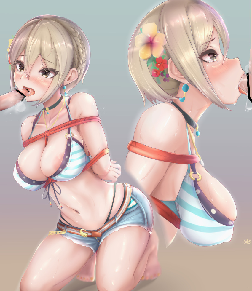 1girl absurdres bdsm bikini blush bondage bound breasts fellatio flower grey_hair hair_flower hair_ornament highres idolmaster idolmaster_cinderella_girls idolmaster_cinderella_girls_starlight_stage oral saimoto_(saimotocore) shibari shiomi_syuko short_hair swimsuit tears