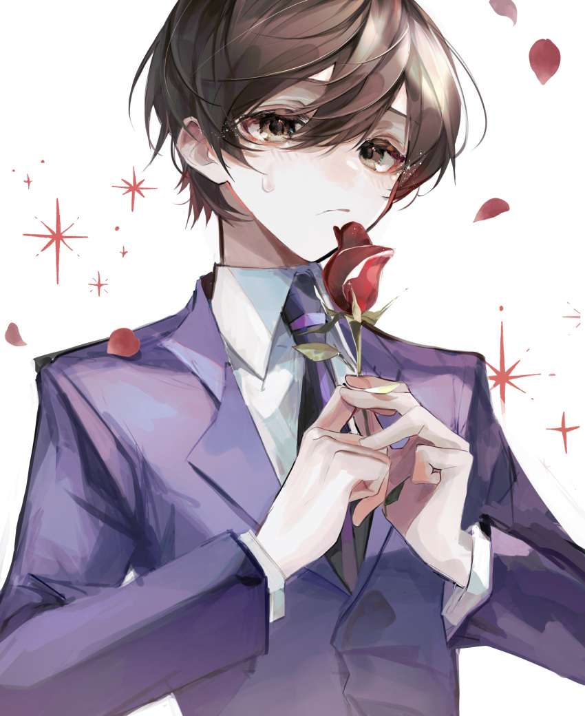 1girl absurdres androgynous bangs black_necktie blazer brown_hair collared_shirt diffraction_spikes falling_petals flower fujioka_haruhi hair_between_eyes highres holding holding_flower jacket light_blush long_sleeves looking_at_viewer necktie ouran_high_school_host_club ouran_high_school_uniform own_hands_together petals purple_jacket purple_necktie red_flower red_rose reverse_trap rose rose_petals school_uniform shirt short_hair simple_background solo sweatdrop two-tone_necktie u-sama_(u_summer0719) upper_body white_background white_shirt