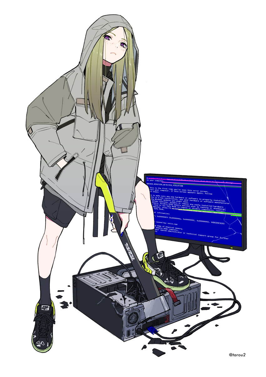 1girl absurdres axe bangs black_footwear black_shorts black_socks blonde_hair blue_nails blue_screen_of_death broken_screen cable closed_mouth cpu crack cross-laced_footwear freckles frown full_body gradient_hair grey_hair grey_jacket hand_in_pocket highres holding holding_axe hood hooded_jacket jacket long_hair long_sleeves looking_at_viewer monitor multicolored_hair nail_polish nike original pocket product_placement purple_eyes shards shoes shorts simple_background sneakers socks solo standing straight_hair tarou2 turtleneck white_background