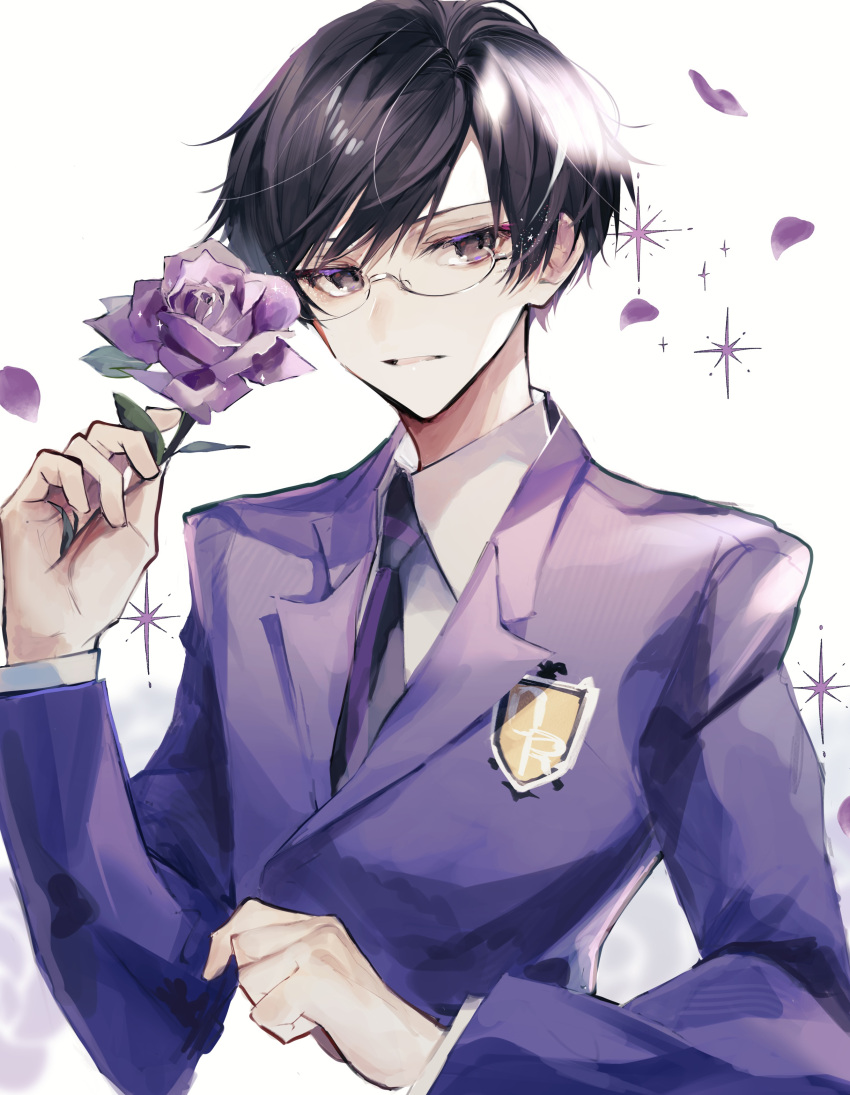 1boy absurdres black_eyes black_hair black_necktie blazer collared_shirt crest diffraction_spikes falling_petals flower glasses highres holding holding_flower jacket leaf long_sleeves looking_at_viewer male_focus necktie ootori_kyouya ouran_high_school_host_club ouran_high_school_uniform parted_lips petals purple_flower purple_jacket purple_necktie purple_rose rose school_uniform shirt short_hair simple_background solo two-tone_necktie u-sama_(u_summer0719) upper_body white_background white_shirt