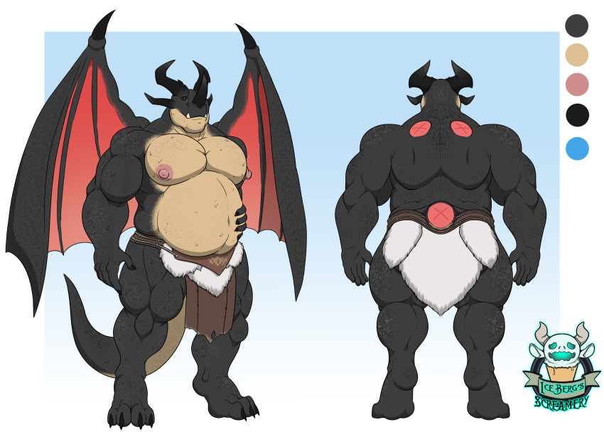 1ceberg absurd_res anthro belly big_pecs blue_eyes bottomwear clothed clothing dark_body dragon front_view hand_on_stomach hi_res horn loincloth male model_sheet mostly_nude musclegut muscular muscular_male nipples overweight partially_clothed pecs rear_view scalie solo standing wings