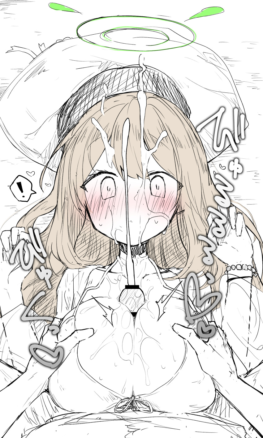 ! 1boy 1girl absurdres bar_censor blue_archive blush bracelet breast_squeeze breasts censored cum cum_on_hair ejaculation facial halo highres jewelry ki_no_nekko large_breasts nonomi_(blue_archive) paizuri paizuri_under_clothes sketch speech_bubble surprised upper_body white_background wide-eyed
