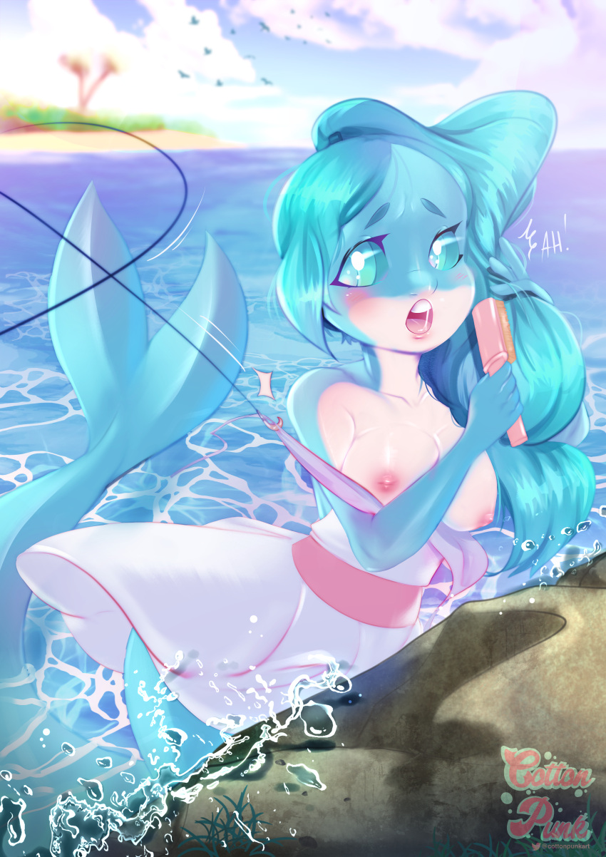 absurd_res anthro bare_shoulders beach belly blue_body blue_eyes blue_hair blue_sclera blue_skin blush bodily_fluids bottlenose_dolphin brand_new_animal breasts brush brushing brushing_hair cetacean cottonpunk delphinoid detailed_background embarrassed exposed_breasts female fin fish_hook hair hi_res holding_brush holding_object long_hair looking_at_viewer mammal marine mermaid_tail mostly_clothed nina_flip nipples oceanic_dolphin open_mouth partially_submerged personal_grooming rock saliva saliva_string sea seaside solo studio_trigger styling_hair tail_fin toothed_whale water white_belly