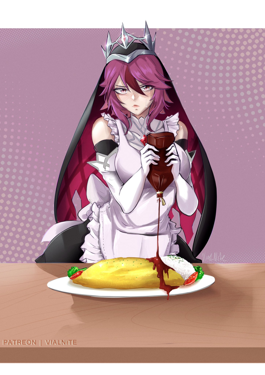 1girl apron bangs bare_shoulders black_dress breasts dress elbow_gloves food genshin_impact gloves habit hair_between_eyes hair_over_one_eye highres ketchup ketchup_bottle large_breasts looking_at_viewer maid maid_apron maid_day maid_headdress multicolored_hair nun omelet omurice pale_skin plate purple_hair red_eyes red_hair rosaria_(genshin_impact) short_hair sidelocks solo squeezing streaked_hair table tiara vialnite white_gloves white_sleeves