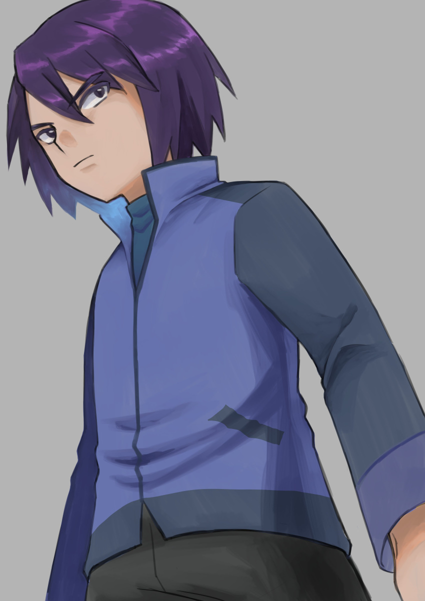 1boy absurdres ayan_ip bangs black_eyes blue_jacket bright_pupils closed_mouth commentary_request green_shirt grey_background hair_between_eyes highres jacket long_sleeves male_focus pants paul_(pokemon) pokemon pokemon_(anime) pokemon_dppt_(anime) purple_hair shirt short_hair simple_background solo white_pupils