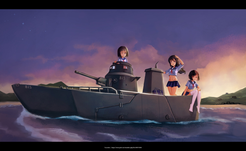 3girls absurdres amphibious_ground_vehicle blue_skirt breasts brown_hair cannon evening gradient_sky ground_vehicle highres horizon landing_craft long_hair midriff military military_vehicle miniskirt motor_vehicle mountain multiple_girls navel neck_ribbon ocean one_eye_closed orange_eyes orange_sky original outdoors pleated_skirt purple_eyes red_ribbon ribbon scenery school_uniform serafuku short_hair short_sleeves sitting skirt sky small_breasts special_type_2_launch_ka-mi standing star_(sky) sunset tank thighhighs turret twilight white_thighhighs youotaku