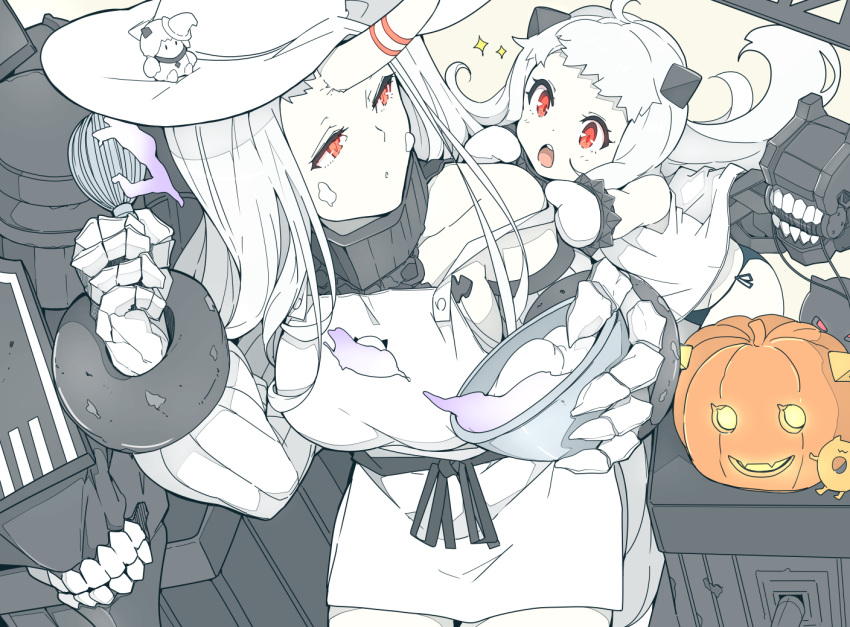 2girls abyssal_ship apron breasts claws dress hat horns jack-o'-lantern kantai_collection large_breasts long_hair mittens multiple_girls ninimo_nimo northern_ocean_princess red_eyes seaport_princess single_horn sleeveless sleeveless_dress very_long_hair white_apron white_dress white_hair white_headwear