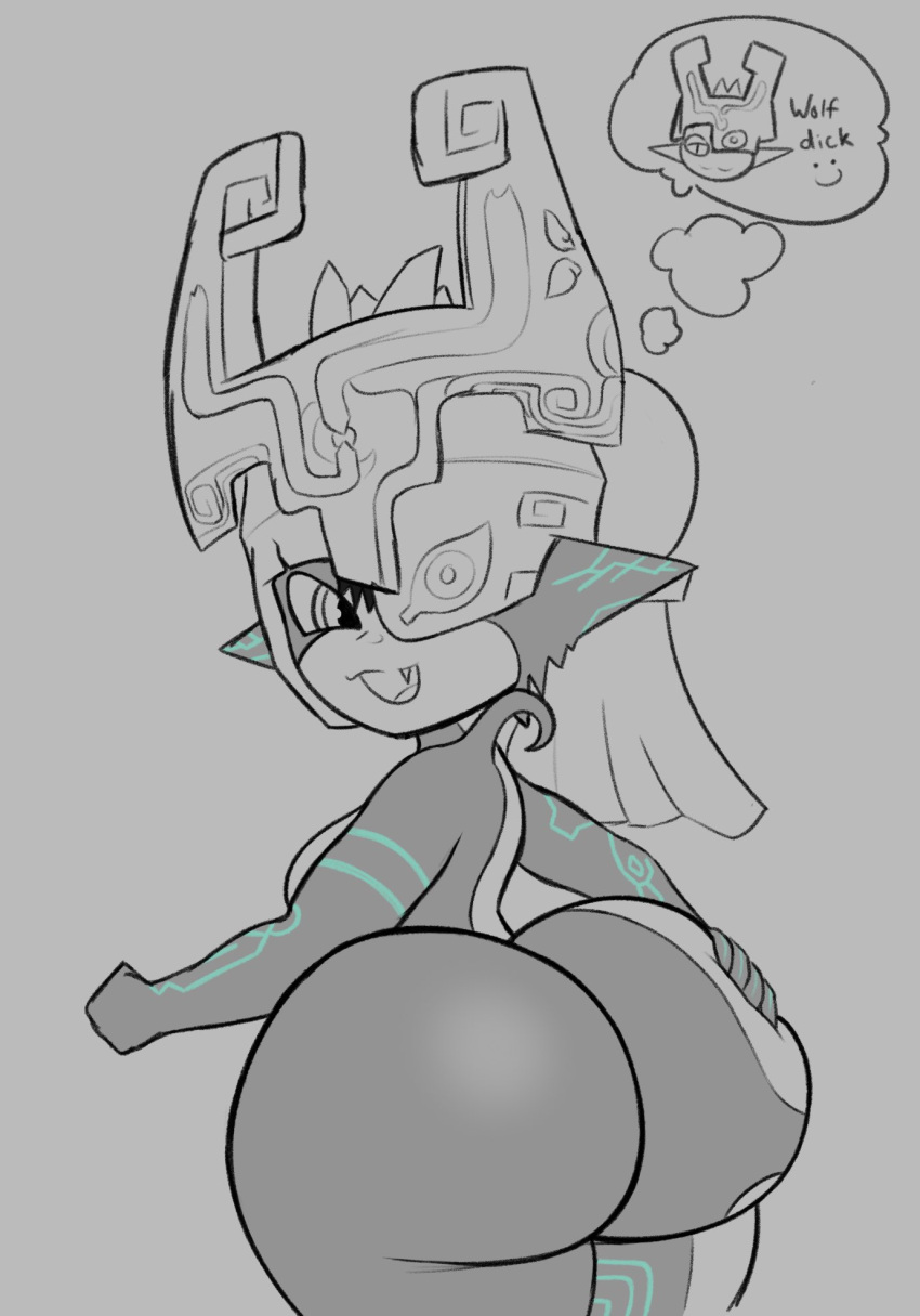 2022 25circle armor big_butt breasts butt butt_squish english_text fangs female hair hand_on_butt headgear helmet hi_res holding_butt huge_butt humanoid imp legs_together line_art long_hair looking_back midna monochrome nintendo one_eye_obstructed open_mouth open_smile pictographics simple_background smile solo squish standing text the_legend_of_zelda thought_bubble twili twilight_princess video_games white_background