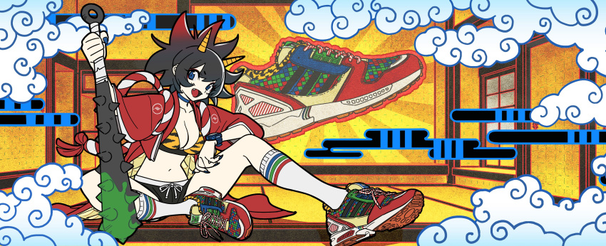 1girl :d absurdres adidas bangs bikini bikini_top_only black_hair black_shorts blue_eyes blue_nails breasts choker cleavage cloud club_(weapon) collarbone commentary drawstring fangs fingernails full_body hand_up highres horns jacket knee_up kneehighs looking_at_viewer midriff multicolored_hair navel oni oni_horns original outstretched_leg red_footwear red_hair red_jacket sharp_fingernails shoe_soles shoes shorts smile sneakers socks solo spiked_club spiked_hair streaked_hair swimsuit tarou2 tiger_stripes watch weapon white_socks wristwatch