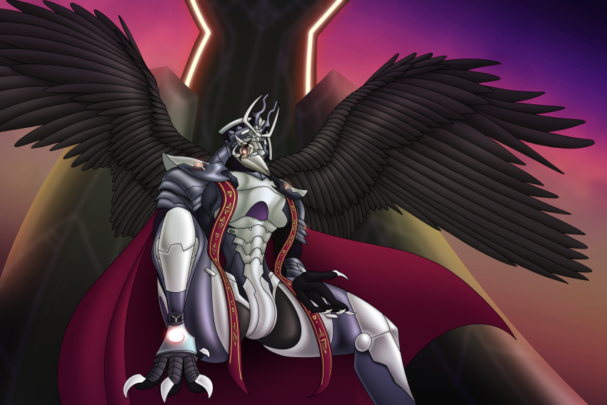 absurd_res ahegarou anthro armor avian black_body black_feathers black_wings cape chair chozo claws clothing feathers furniture glowing glowing_eyes hi_res humanoid looking_at_viewer looking_down_at_viewer low-angle_view male metroid metroid_dread nintendo raven_beak red_eyes sitting solo spacesuit spread_wings talons throne video_games wings