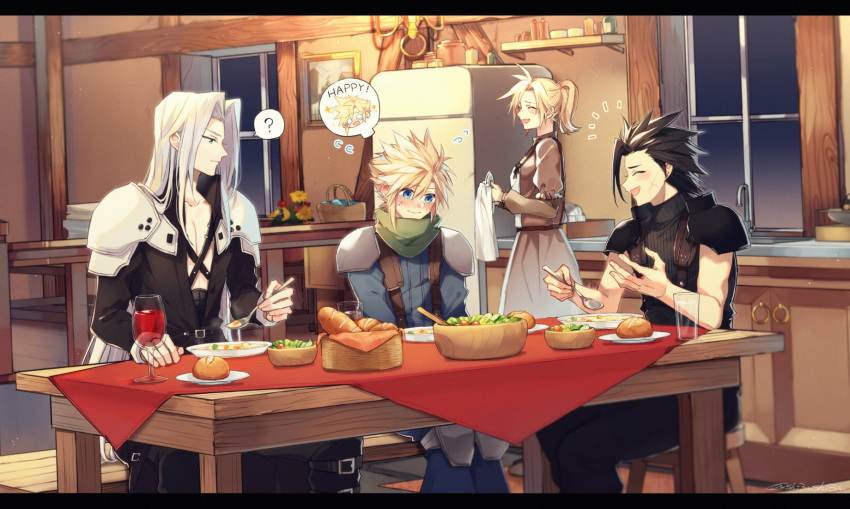 1girl 3boys ? apron armor bangs black_hair black_jacket black_shirt blonde_hair blue_eyes blue_pants blue_shirt blush bowl breasts brown_dress chest_strap claudia_strife closed_eyes cloud_strife cup dining_room dress drinking_glass eating feet_out_of_frame final_fantasy final_fantasy_vii final_fantasy_vii_remake green_scarf grey_hair hair_between_eyes hair_slicked_back happy highres holding holding_spoon holding_towel indoors jacket kitchen knee_pads loaf_of_bread long_bangs long_hair long_jacket long_sleeves medium_breasts mother_and_son multiple_boys open_mouth pants plate ponytail puffy_long_sleeves puffy_sleeves red_wine refrigerator salad scar scar_on_cheek scar_on_face scarf sephiroth shi3ashi3a shirt short_hair shoulder_armor sink sitting sleeveless sleeveless_turtleneck smile spiked_hair spoken_question_mark spoon suspenders table thought_bubble towel turtleneck white_apron window wine_glass zack_fair