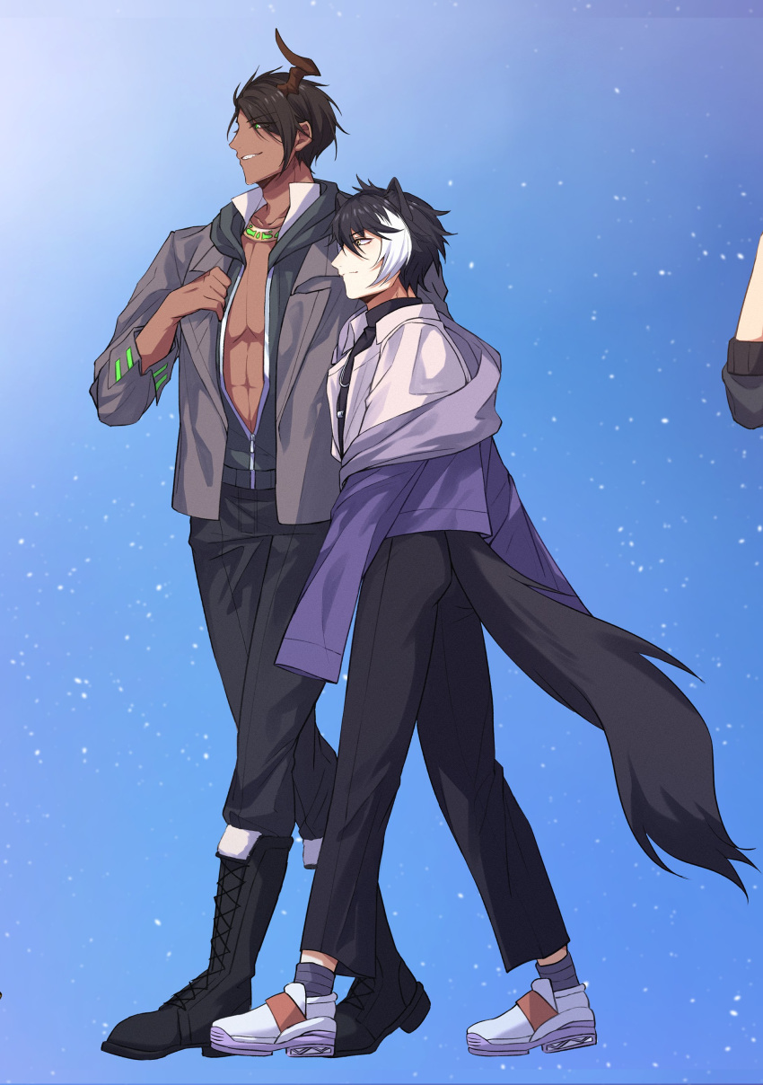 2boys abs absurdres akaie11 alternate_costume animal_ears aragami_oga black_footwear black_hair black_hoodie black_pants black_shirt blue_background boots dark-skinned_male dark_skin from_side full_body green_eyes grey_jacket grin hair_between_eyes highres holostars hood hoodie horns jackal_boy jackal_ears jackal_tail jacket jewelry kageyama_shien looking_ahead mafia_(holostars) male_focus multicolored_hair multiple_boys neck_ring necklace off_shoulder open_clothes open_shirt pants partially_unzipped pectoral_cleavage pectorals profile purple_jacket purple_socks sharp_teeth shirt shoes short_hair single_horn sleeves_past_fingers sleeves_past_wrists smile socks tail teeth turtleneck two-tone_hair virtual_youtuber white_footwear white_hair white_shirt yellow_eyes