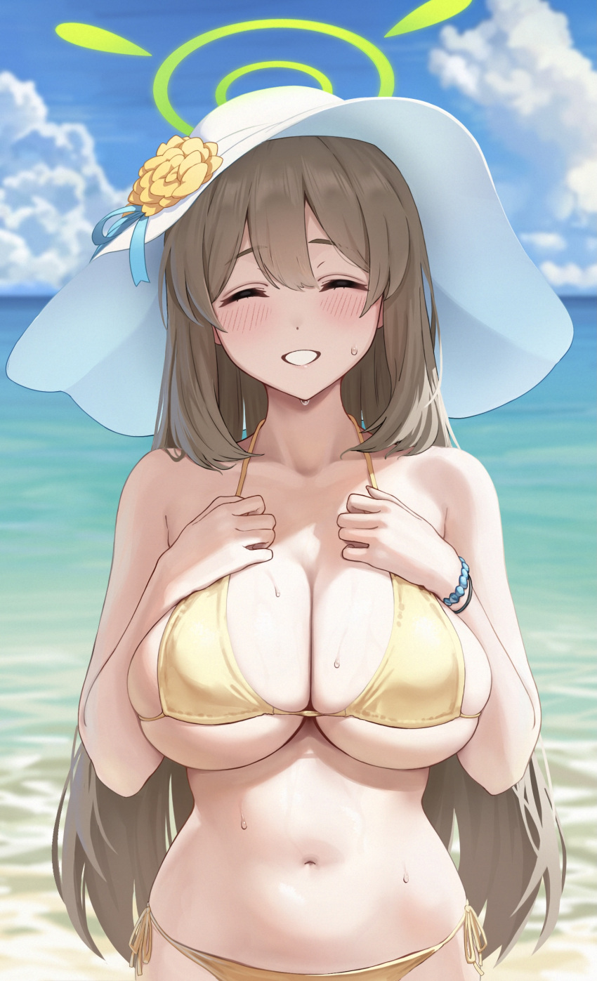 1girl ^_^ ^o^ absurdres bangs bare_arms bare_shoulders bead_bracelet beads bikini blue_archive blue_sky blush bracelet breasts brown_hair chagama_teishoku cleavage closed_eyes cloud commentary day dot_nose facing_viewer flower grin halo halterneck hands_on_own_chest hands_up hat hat_flower highres jewelry large_breasts long_hair navel nonomi_(blue_archive) nonomi_(swimsuit)_(blue_archive) ocean outdoors side-tie_bikini_bottom sidelocks skindentation sky smile solo stomach string_bikini sun_hat swimsuit symbol-only_commentary upper_body wet white_headwear yellow_bikini