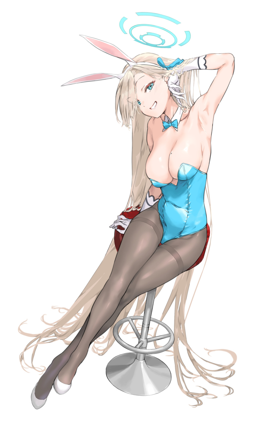 1girl absurdly_long_hair absurdres animal_ears aqua_leotard asuna_(blue_archive) asuna_(bunny)_(blue_archive) bangs bare_shoulders blue_archive blue_bow blue_bowtie blue_eyes blue_leotard blue_ribbon bow bowtie breasts brown_pantyhose detached_collar fake_animal_ears full_body gloves haimura_kiyotaka hair_ribbon halo highleg highleg_leotard highres large_breasts legs leotard light_brown_hair long_hair mole mole_on_breast official_alternate_costume pantyhose playboy_bunny rabbit_ears ribbon solo strapless strapless_leotard swept_bangs traditional_bowtie very_long_hair white_gloves