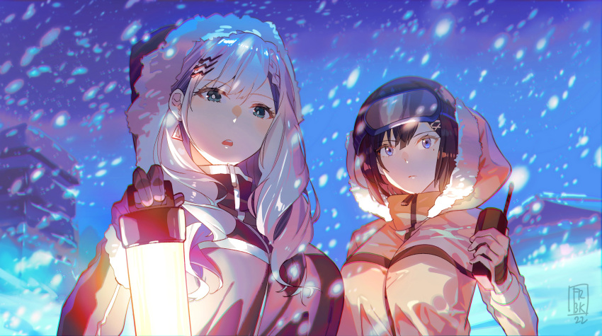 2022 2girls absurdres black_jacket blue_eyes breasts bright_pupils crossover earrings english_commentary fare fur-trimmed_hood fur_trim goggles goggles_on_head grey_hair hair_behind_ear head_tilt highres holding holding_lantern holding_walkie-talkie hololive hololive_indonesia hood hood_up hooded_jacket jacket jewelry lantern large_breasts long_hair medium_breasts mole mole_under_eye mountainous_horizon multiple_girls nijisanji nijisanji_id open_mouth orange_jacket pavolia_reine short_hair siska_leontyne snowing triangle_earrings virtual_youtuber we_were_here_(series) white_pupils