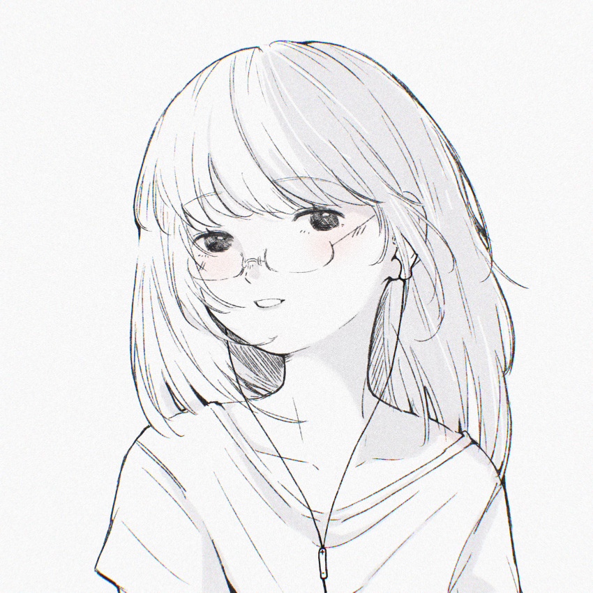 1girl blush collarbone commentary earbuds earphones grey_background head_tilt highres light_smile looking_at_viewer medium_hair monochrome original parted_lips portrait shengdiyu shirt solo spot_color symbol-only_commentary t-shirt