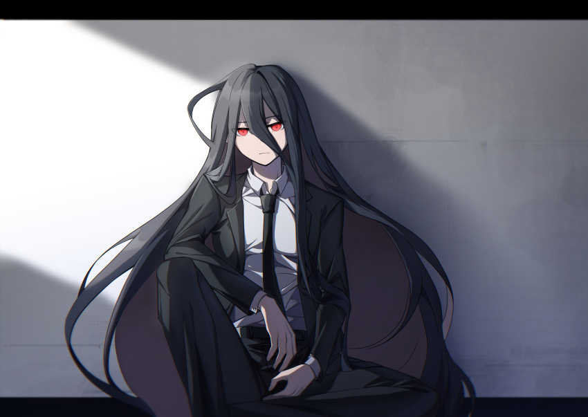 1boy absurdres bangs black_hair black_necktie black_pants black_suit closed_mouth collared_shirt danganronpa_(series) danganronpa_2:_goodbye_despair formal frown grey_background highres jacket kamukura_izuru knee_up long_hair long_sleeves looking_at_viewer male_focus necktie open_clothes open_jacket pants red_eyes shirt sitting solo suit ziling