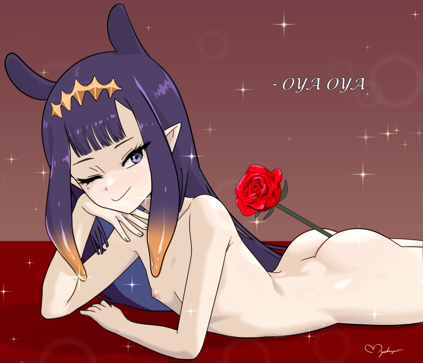 1girl ass completely_nude eyelashes flat_chest flower highres hololive hololive_english lying makeup mascara mole mole_under_eye myahogao ninomae_ina'nis nipples nude on_stomach one_eye_closed orange_hair pointy_ears purple_eyes purple_hair red_flower red_rose rose signature solo sparkle tentacle_hair
