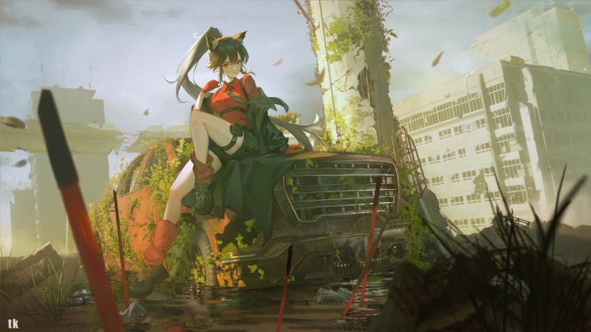 1girl absurdres animal_ear_fluff animal_ears arknights arm_support belt black_belt black_footwear black_hair black_jacket black_necktie black_shorts blush buckle building car collared_shirt cross-laced_footwear dahe1775 falling_leaves full_body gloves grass ground_vehicle hair_between_eyes highres highway ivy jacket leaf leg_warmers looking_at_viewer motor_vehicle necktie off_shoulder official_art outdoors parted_lips pillar planted planted_sword ponytail red_eyes red_gloves red_shirt shirt shoes shorts signature sitting sky skyscraper solo sword texas_(arknights) texas_(willpower)_(arknights) trash weapon wolf_ears wolf_girl