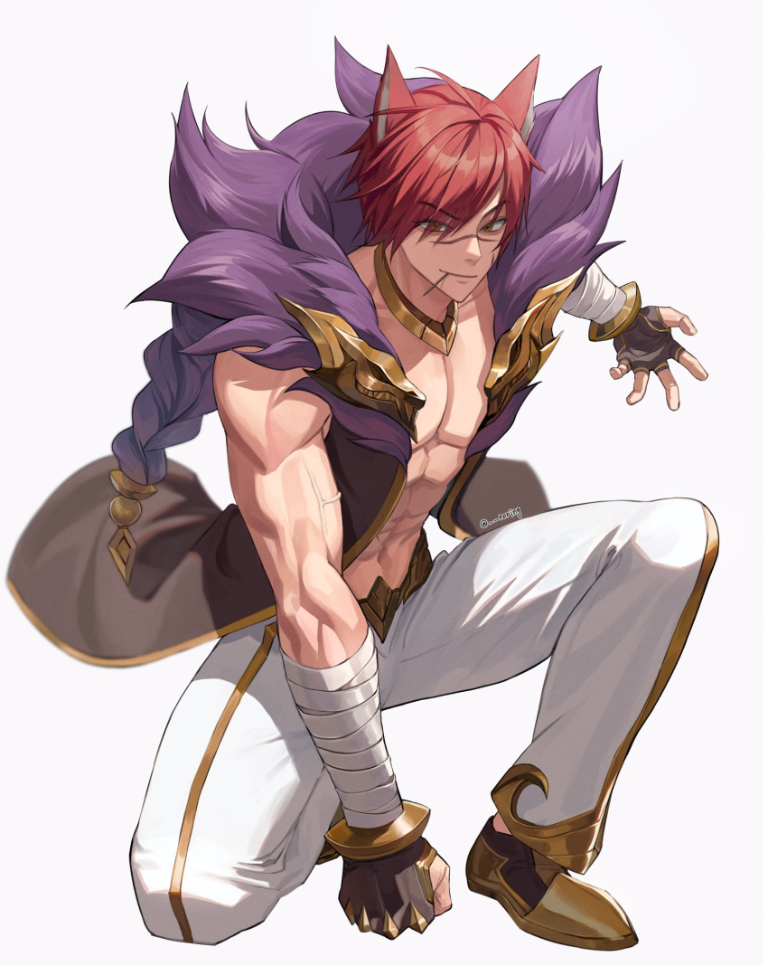1boy abs animal_ears bandaged_arm bandages bangs black_jacket braid clenched_hand closed_mouth collarbone commentary_request fur-trimmed_jacket fur_trim gold_trim highres jacket league_of_legends male_focus mouth_hold muscular muscular_male navel one_knee open_clothes open_jacket pants red_eyes red_hair roring_(loling) scar scar_on_face scar_on_nose sett_(league_of_legends) shiny shiny_hair short_hair simple_background smile white_background white_pants