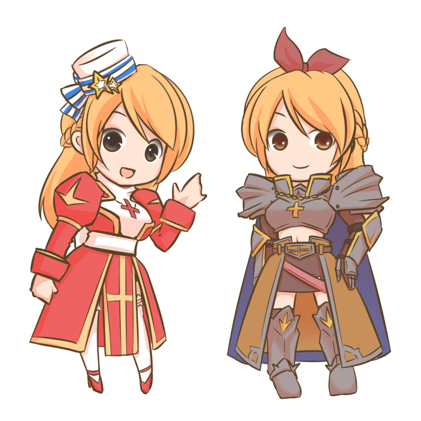 2girls :d armor bangs blonde_hair blue_bow blue_cape boobplate bow braid breasts brown_cape brown_hair brown_skirt cape chibi closed_mouth commentary_request cross cross_necklace dress french_braid full_body gauntlets hair_bow hat hat_bow hat_ornament high_heels high_priest_(ragnarok_online) jewelry juliet_sleeves long_hair long_sleeves looking_at_viewer medium_breasts midriff multiple_girls navel necklace open_mouth paladin_(ragnarok_online) pauldrons pelvic_curtain pillbox_hat puffy_sleeves ragnarok_masters ragnarok_online red_bow red_dress red_footwear sash shoulder_armor simple_background skirt smile standing star_(symbol) star_hat_ornament striped striped_bow thighhighs tomo-graphy two-tone_dress waist_cape waving white_background white_dress white_headwear white_sash