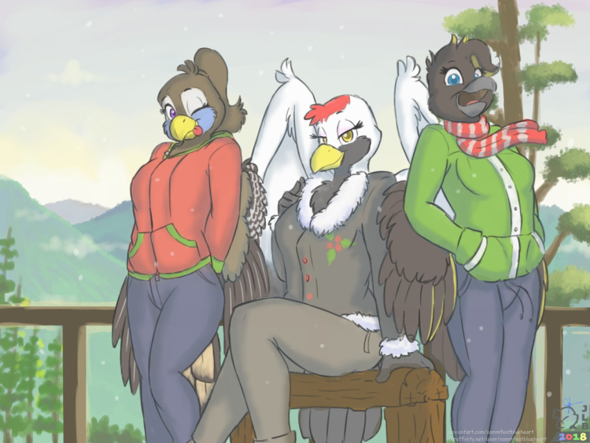 2018 5_fingers anthro avian back_wings beak bench bird black_body black_feathers blue_body blue_eyes blue_feathers breasts brown_body brown_feathers cheek_tuft clothed clothing countershade_torso countershading crane_(bird) detailed_background eyelashes facial_tuft feathers female fingers green_clothing green_hoodie green_topwear grey_beak group gruiform grus_(genus) hair half-closed_eyes hand_in_pocket hands_behind_back head_tuft hill hoodie kiko_(sammfeatblueheart) large_wings long_beak long_feathers looking_at_viewer narrowed_eyes on_bench one_eye_closed open_beak open_mouth oriole_(bird) outside overcast passerine pattern_clothing pattern_scarf plant pockets ponytail purple_eyes railing red-crowned_crane red_body red_clothing red_feathers red_hoodie red_topwear reverse_countershading ria_(sammfeatblueheart) sammfeatblueheart scarf signature sitting skies sky snow snowing standing striped_clothing striped_scarf stripes sweatpants tail_feathers tan_body tan_feathers tongue tongue_out topwear tree trio trogon trogonid tuft white_body white_feathers wing_tuft winged_arms wings wink winter_coat yellow_beak yellow_eyes yuriko_(aidagull)