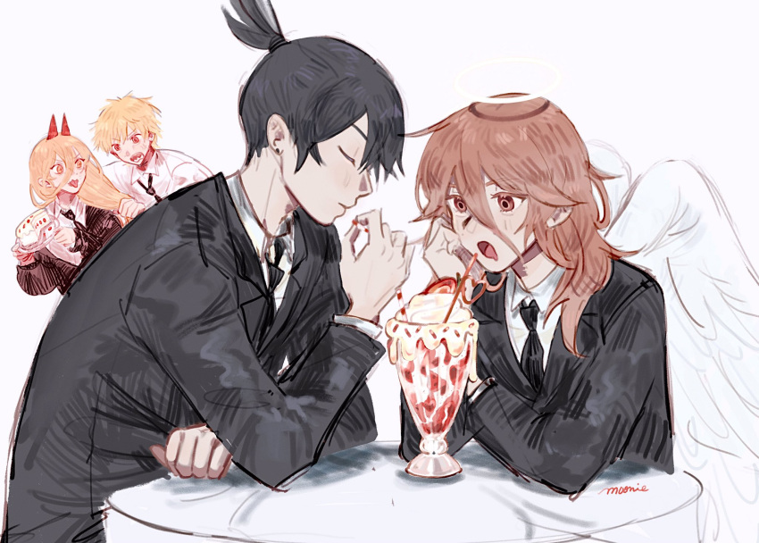 1girl 3boys angel_devil_(chainsaw_man) angel_wings black_hair black_necktie black_suit cake chainsaw_man closed_eyes collared_shirt denji_(chainsaw_man) drinking_straw food formal fruit hair_between_eyes halo hayakawa_aki highres horns long_hair medium_hair milk milkshake multiple_boys necktie open_mouth orange_hair plate power_(chainsaw_man) red_eyes red_horns ruumoonie sharp_teeth shirt short_hair strawberry strawberry_milk strawberry_shortcake suit table teeth topknot white_background white_shirt white_wings wings