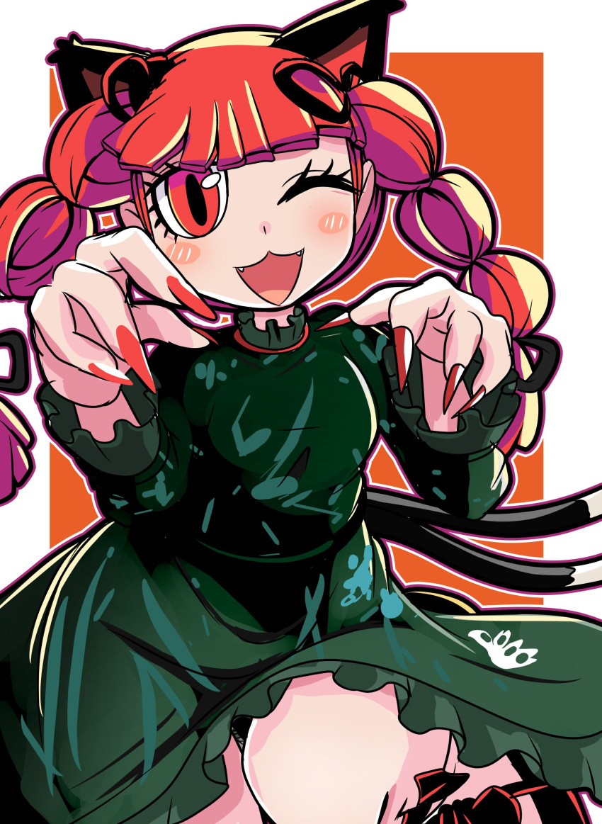 1girl ;3 ;d absurdres animal_ears bangs blunt_bangs blush_stickers bow braid cat_ears claw_pose dress fingernails hands_up highres kaenbyou_rin nail_polish one_eye_closed red_eyes red_hair red_nails ryo_(ryopics) sharp_fingernails simple_background smile solo touhou