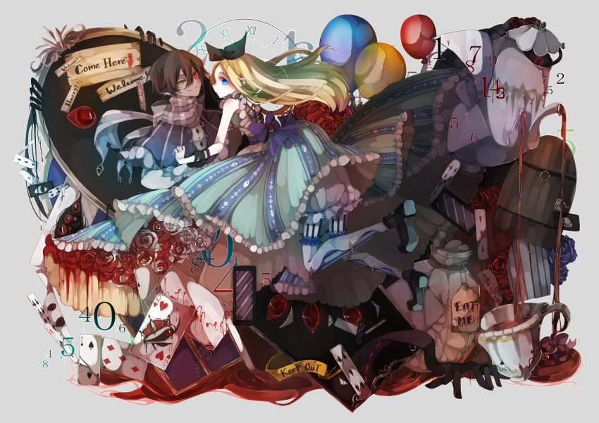 1boy 1girl alice_(alice_in_wonderland) alice_in_wonderland ambiguous_red_liquid animal_ears aqua_dress back_bow balloon black_bow black_footwear black_gloves blonde_hair bloomers blue_capelet blue_eyes book bow brown_hair capelet card cat_boy cat_ears cheshire_cat_(alice_in_wonderland) commentary cookie cthulhu_mythos cup dark-skinned_male dark_skin disembodied_eye dress earrings eat_me erc flower food frilled_dress frills full_body gloves grey_background grey_scarf grin hair_between_eyes hair_bow heterochromia highres holding_another's_wrist jar jewelry long_hair looking_at_viewer mirror nyarlathotep pantyhose playing_card pouring purple_bow red_eyes red_flower red_rose roman_numeral rose scarf shirt shoes short_hair sleeveless sleeveless_dress smile striped striped_pantyhose striped_scarf tea teacup teapot underwear vertical-striped_pantyhose vertical_stripes white_flower white_pantyhose white_rose white_shirt yellow_eyes