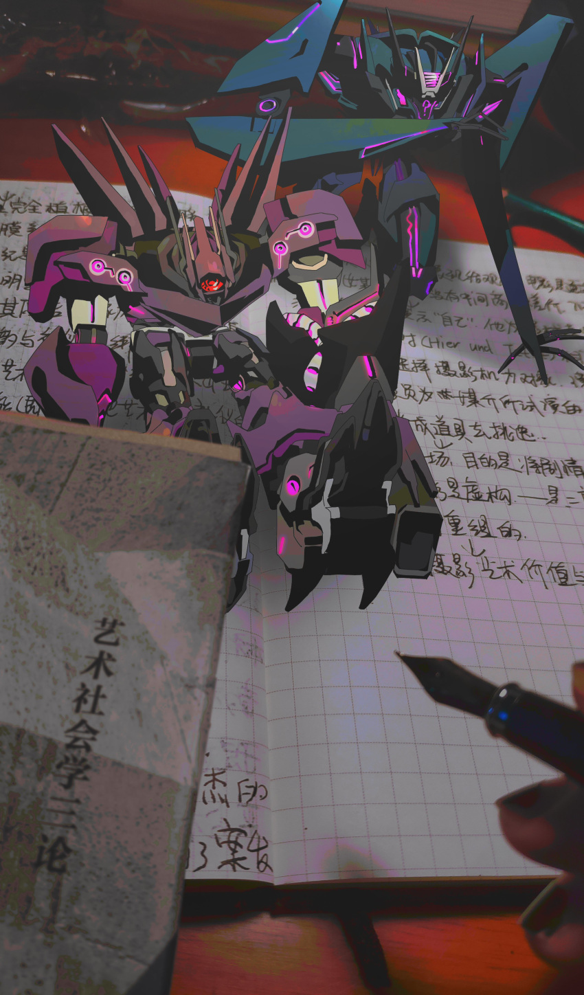 ? absurdres assault_visor bu_li_(time46397328) chinese_text decepticon highres holding holding_pen mecha notebook one-eyed open_hand pen photo_background pov red_eyes robot science_fiction shockwave_(transformers) sitting soundwave_(transformers) transformers transformers_prime v-fin