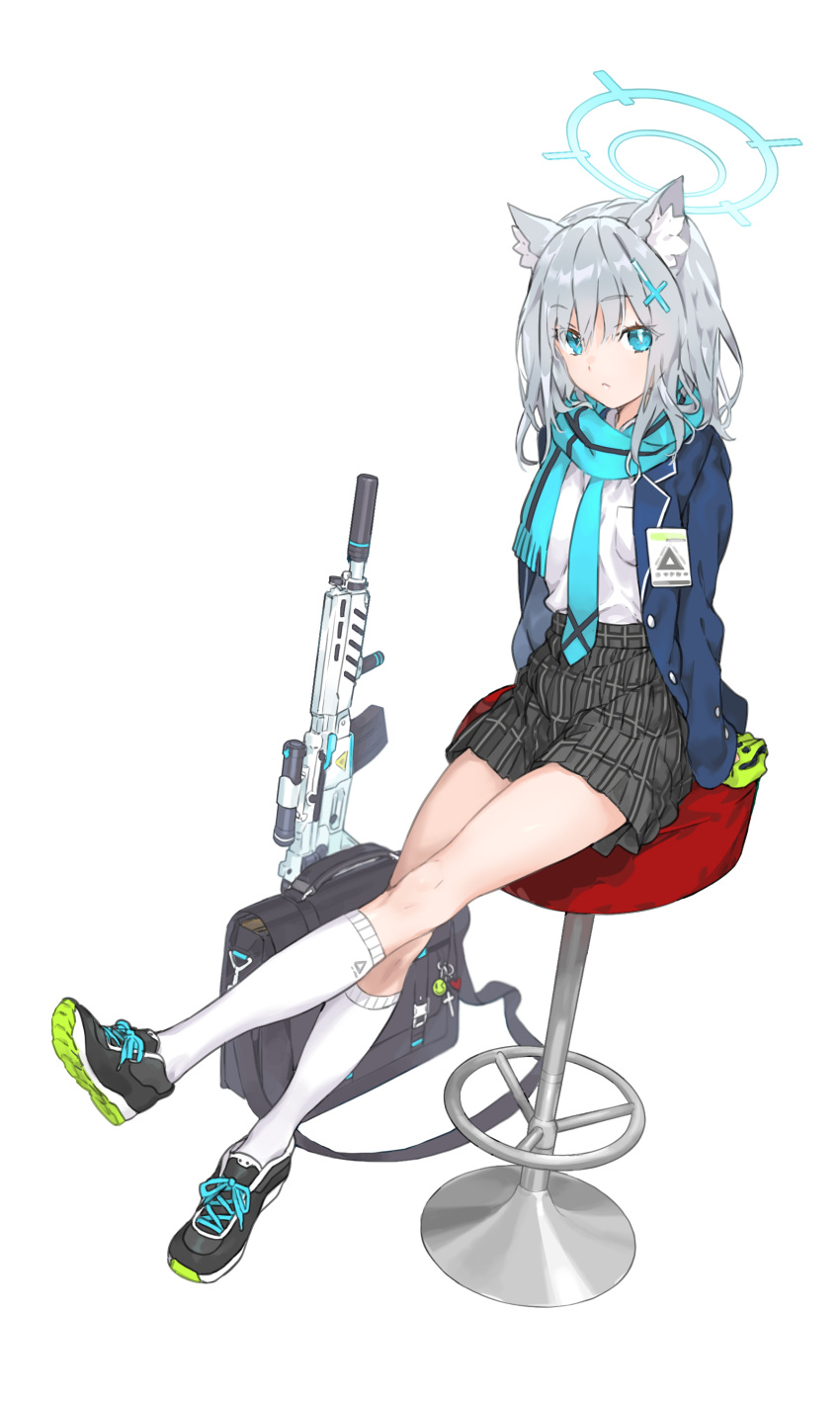 1girl absurdres animal_ear_fluff animal_ears arms_behind_back assault_rifle bag bag_charm bangs bar_stool black_footwear blue_archive blue_eyes blue_jacket blue_scarf breast_pocket charm_(object) cross_hair_ornament gloves green_gloves grey_hair gun haimura_kiyotaka hair_ornament halo high-waist_skirt highres id_card jacket kneehighs legs_up light_frown looking_at_viewer medium_hair mismatched_pupils necktie open_clothes open_jacket plaid plaid_skirt pleated_skirt pocket rifle scarf school_bag school_uniform shiroko_(blue_archive) shirt shirt_tucked_in shoes shoulder_bag sig_sauer_556 simple_background sitting skirt sneakers socks solo stool striped striped_scarf weapon white_background white_shirt white_socks wolf_ears