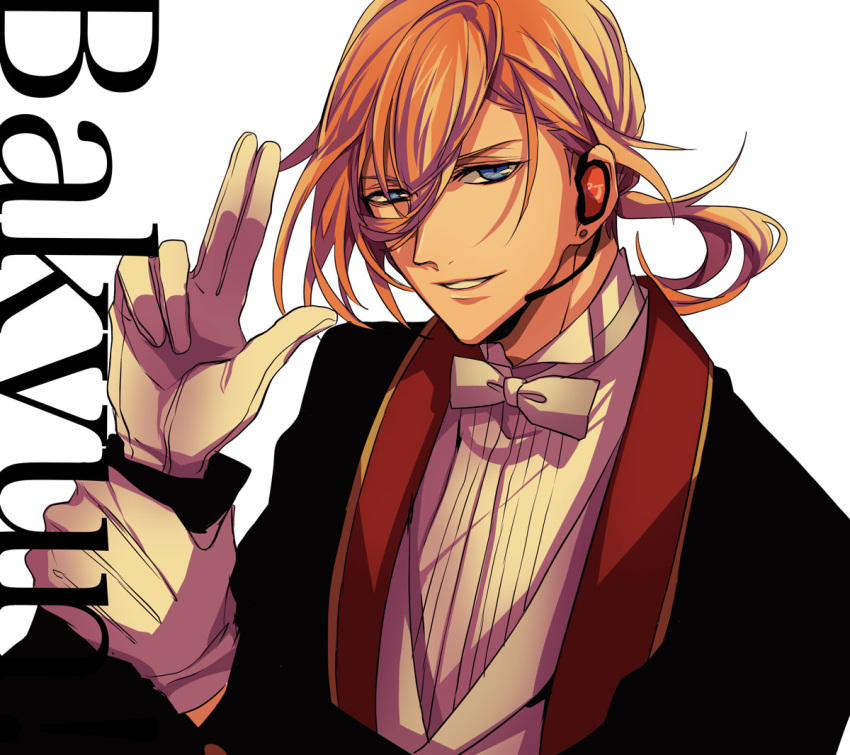 1boy black_jacket blue_eyes bow bowtie earpiece gloves grey_vest hair_between_eyes hanada holding_own_wrist jacket jinguuji_ren lapels long_hair looking_at_viewer low_ponytail male_focus orange_hair parted_lips salute shawl_lapels shirt simple_background smile traditional_bowtie two-finger_salute uneven_eyes upper_body uta_no_prince-sama vest white_background white_bow white_bowtie white_gloves white_shirt