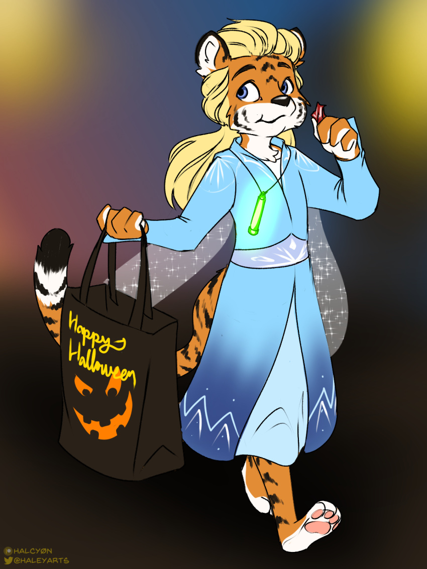 2022 3:4 anthro black_nose blue_clothing blue_dress blue_eyes candy clothing dessert dress eating felid female food halcy0n halloween hi_res holding_candy holding_food holding_object holding_shopping_bag holidays looking_aside mammal pantherine simple_background smile solo tiger