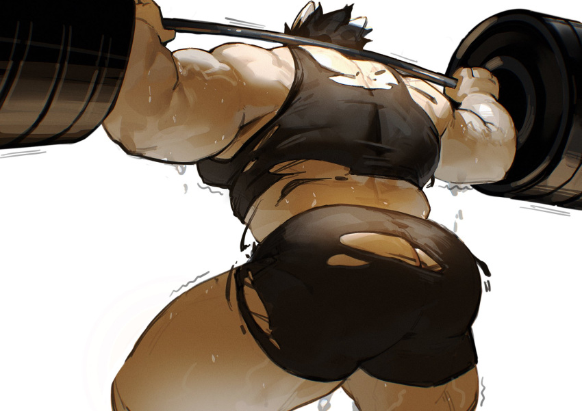 anthro big_muscles black_bottomwear black_clothing black_hair black_shorts bodily_fluids bottomwear clothing doooo2424 exercise hair hi_res huge_muscles male mammal muscular muscular_anthro muscular_male shaking shirt shorts simple_background solo sweat tank_top topwear torn_clothing ursid ursine veiny_muscles weightlifting white_background white_body white_skin workout